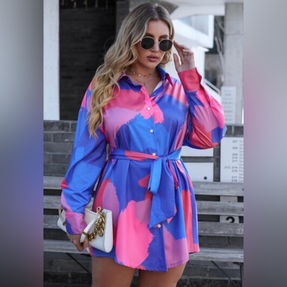 SHEIN Curve Women’s Celure Plus Colorblock Button Front Belted Dress Size 2XL - Picture 1 of 8